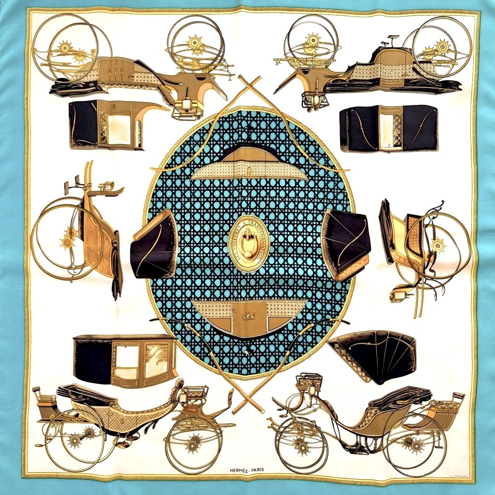 Hermes Silk Scarf in Turquoise, Cream, Gold and Black